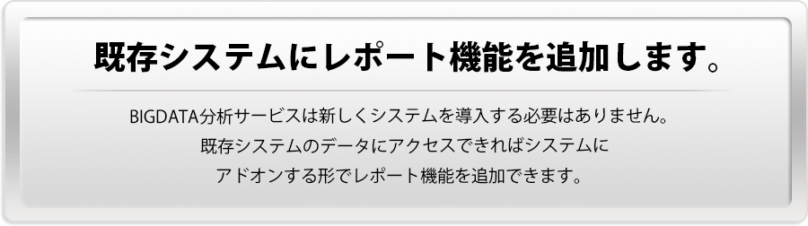 【既存システムにレポート機能を追加します。】BIGDATA分析サービスは新しくシステムを導入する必要はありません。既存システムのデータにアクセスできればシステムにアドオンする形でレポート機能を追加できます。