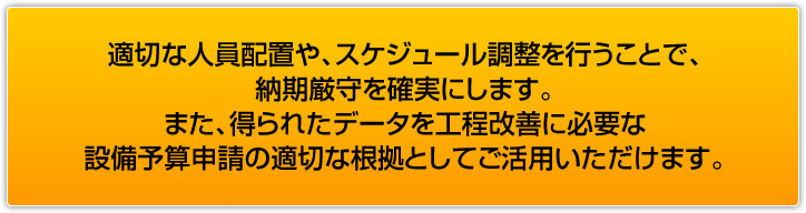 適切な人員配置や、スケジュール調整を行うことで、納期厳守を確実にします。また、得られたデータを工程改善に必要な設備予算申請の適切な根拠としてご活用いただけます。