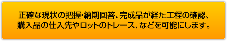 正確な現状の把握・納期回答、完成品が経た工程の確認、購入品の仕入先やロットのトレース、などを可能にします。