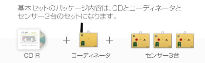 基本セットのパッケージ内容：CD、コーディネータ、センサー3台