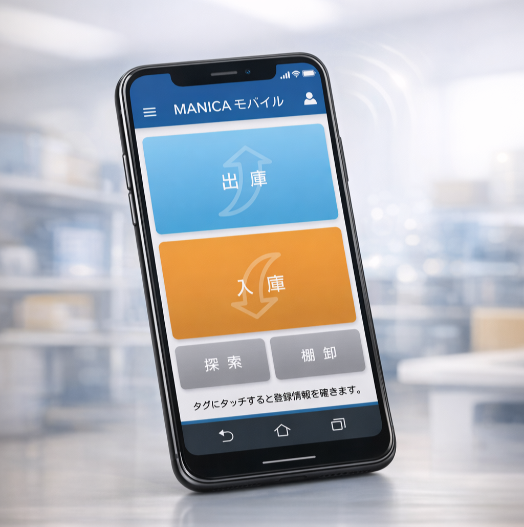 スマホでRFID管理ができるマニカモバイルのアプリ画面（入出庫・棚卸・探索機能）