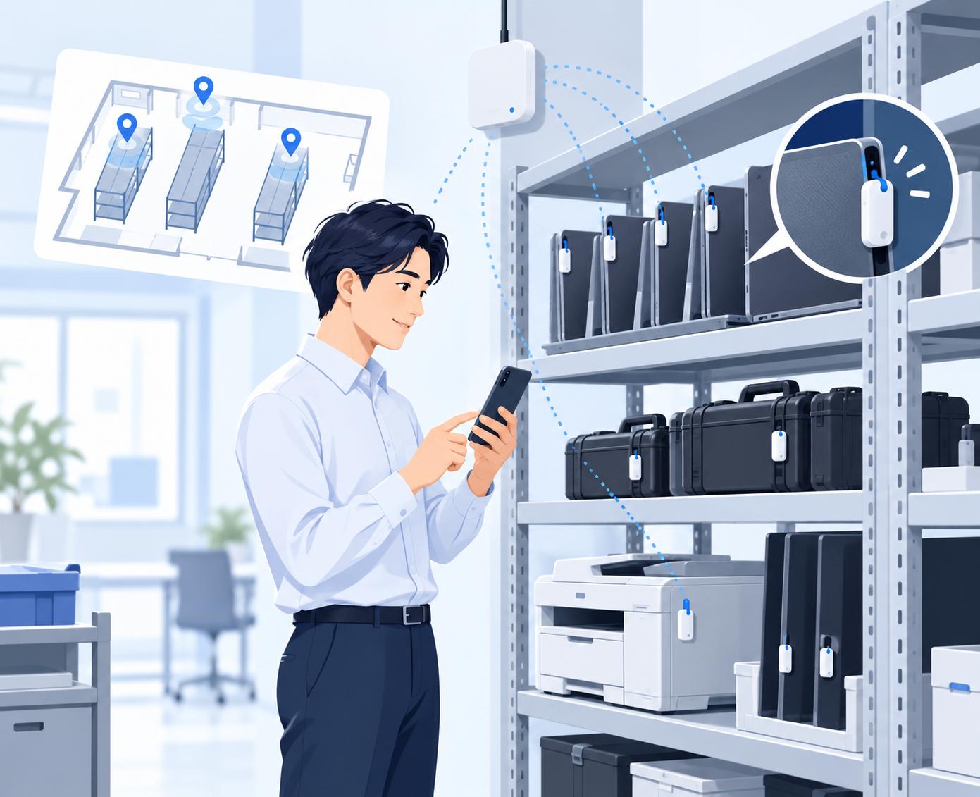 スマートフォンとタグ・受信機を活用した備品の所在管理イメージ