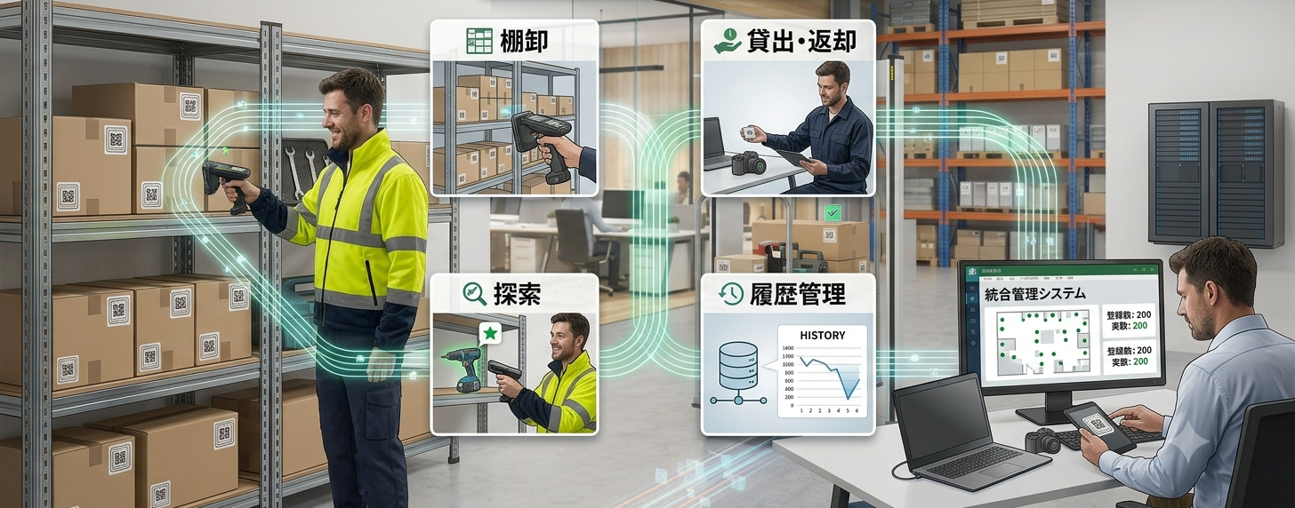 RFIDタグを資産に取り付け、棚卸・貸出・返却・探索・履歴管理を行う流れ
