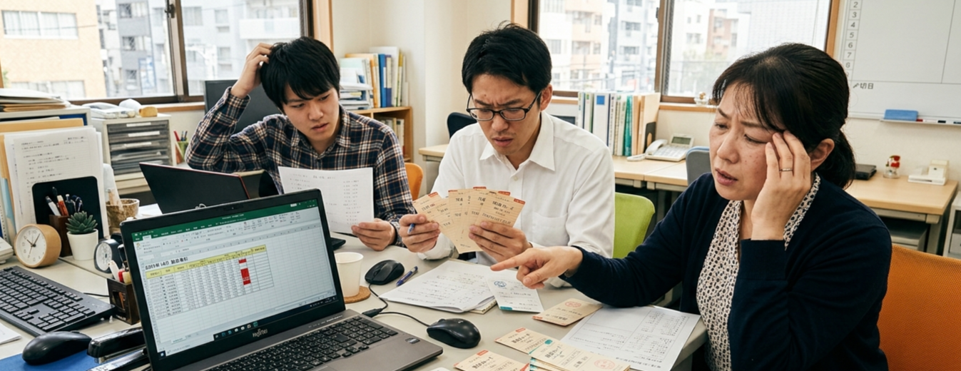 紙や表計算ソフトで勤怠管理をしている小規模オフィスのイメージ