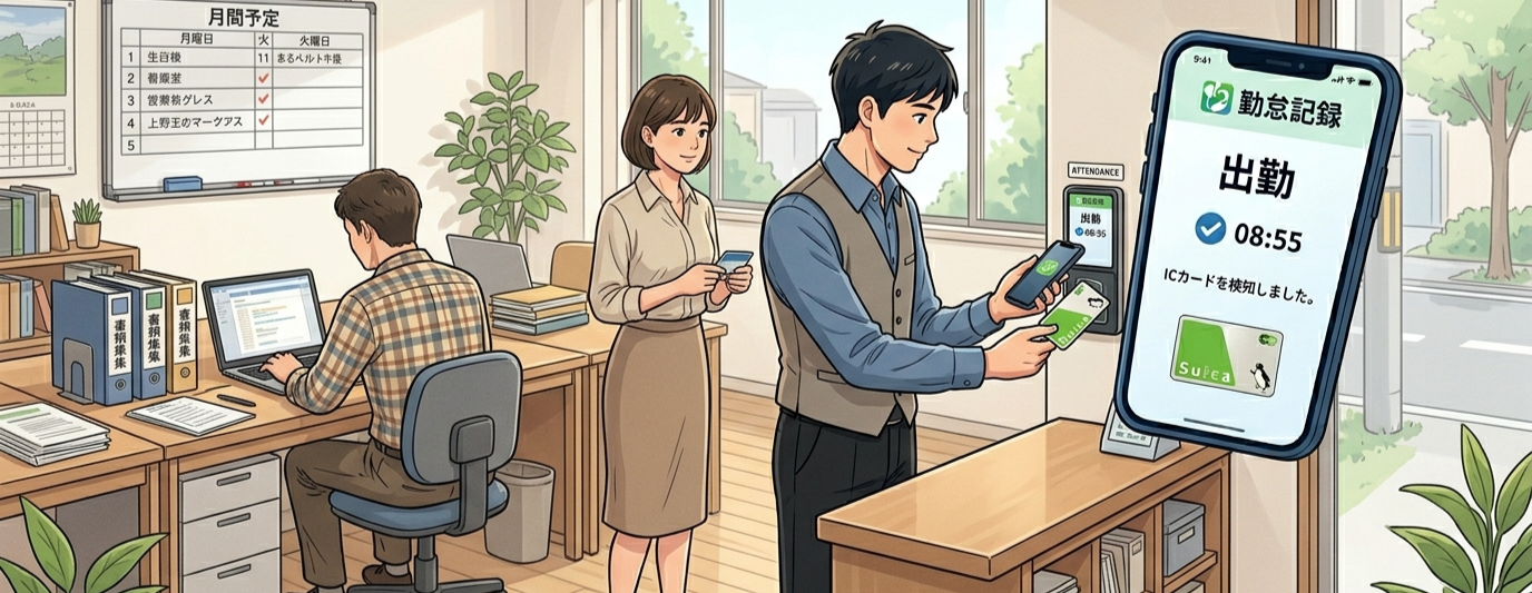 出勤時にICカードをスマホへかざして記録するイメージ