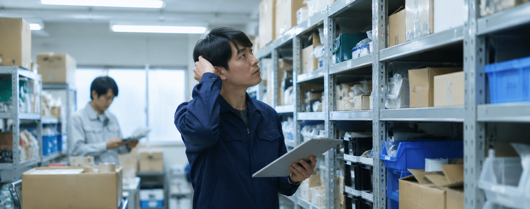 在庫があるのに見つからず、倉庫内で探している現場イメージ