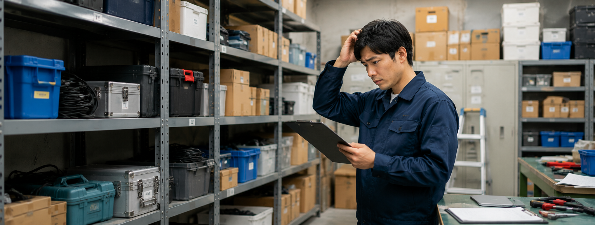 備品や工具が見つからず探している現場のイメージ