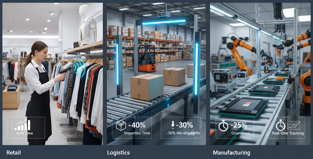 小売・物流・製造業でのRFID導入効果の例を示す図