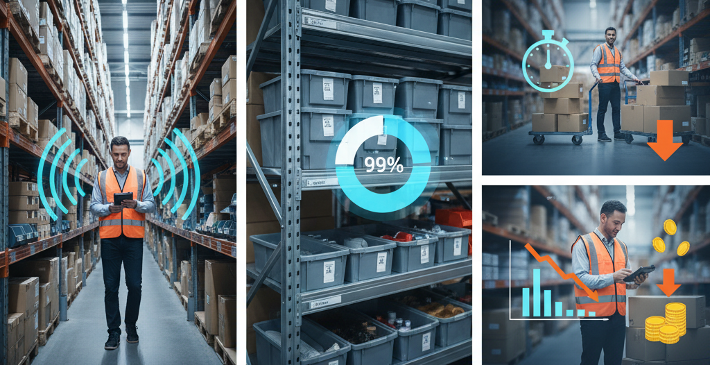 RFID導入で効果が出やすい棚卸・在庫精度・人件費の3領域を示す図