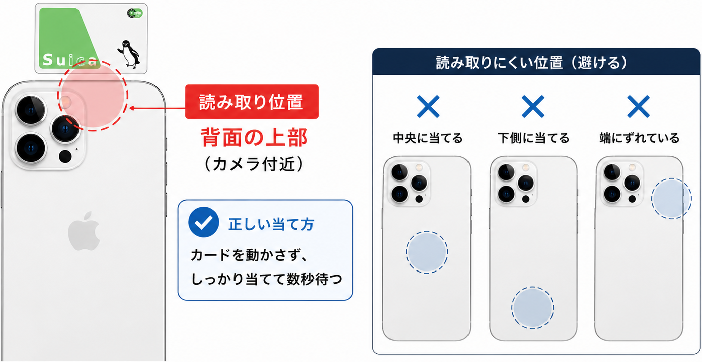 iPhone背面上部のカメラ付近にICカードを当てる位置を示す図