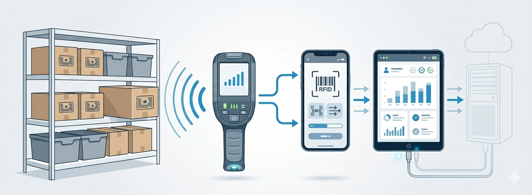 Bluetooth対応RFIDリーダーとスマホ・タブレットを連携して使う基本構成のイメージ