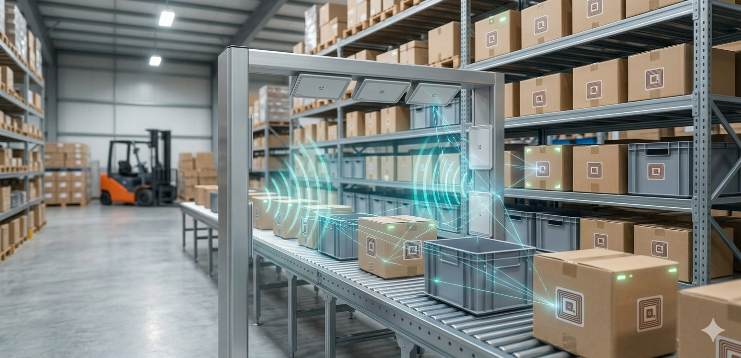 RFIDゲート型リーダーで通過する物品を自動読み取りする現場のイメージ