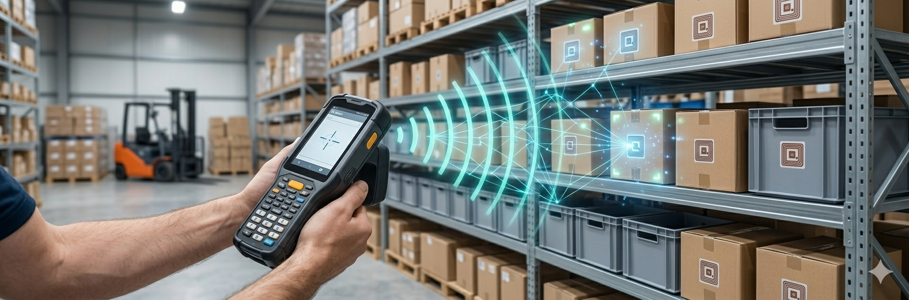 RFIDハンディ型リーダーを使って棚卸や探索を行う現場のイメージ