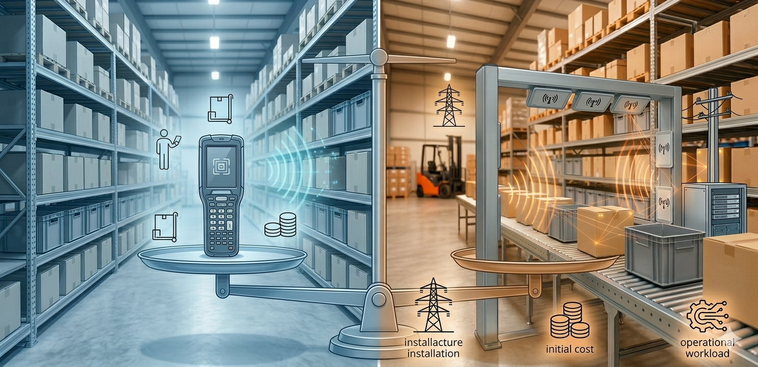 RFIDハンディ型とゲート型の設置負担・初期費用・運用負荷を比較するイメージ