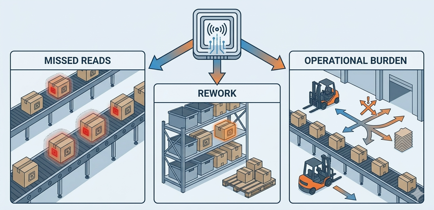 RFIDリーダー選定を誤ったことで現場で再作業や読み取り漏れが発生するイメージ