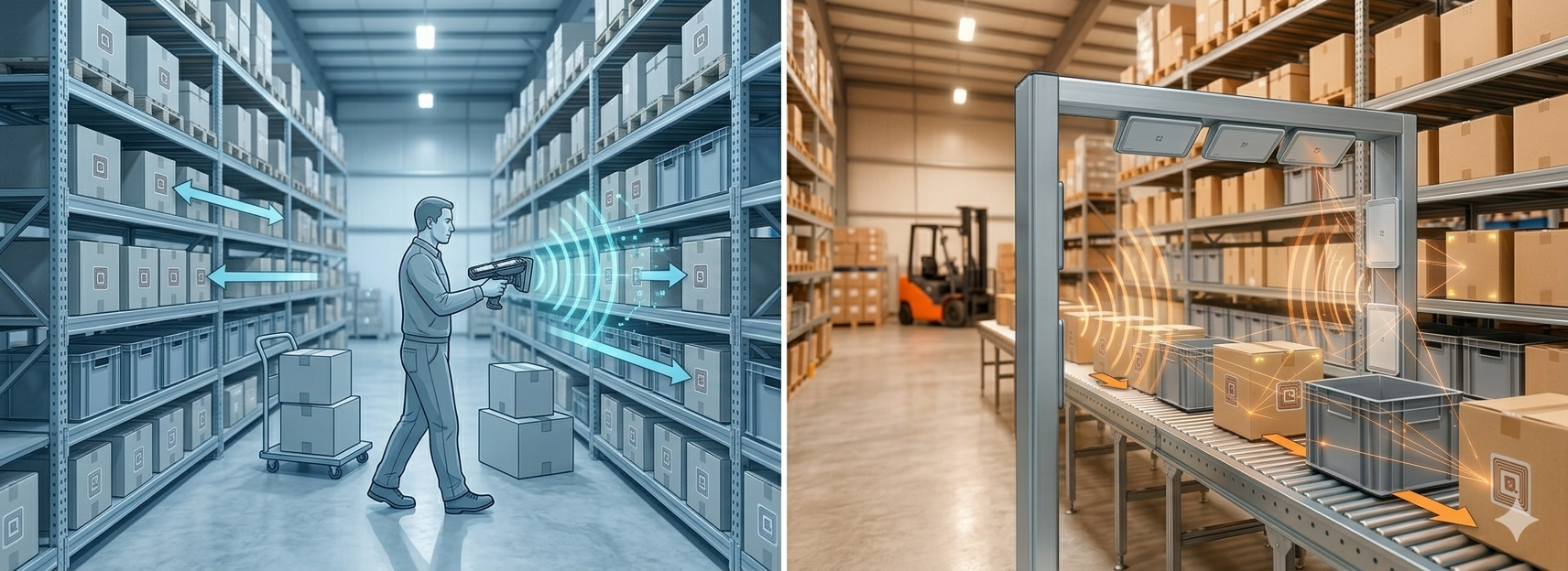 人が動く運用と物が流れる運用でRFIDリーダー選定が分かれることを示す図