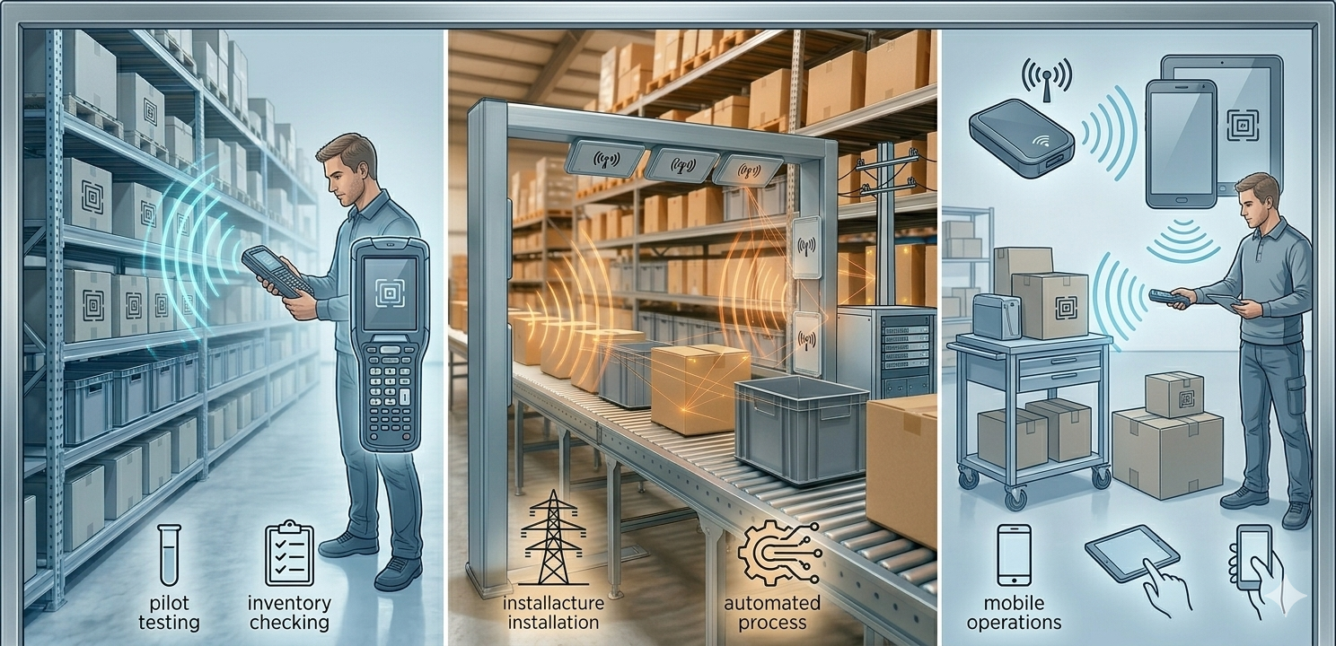 RFID小規模導入の代表的な3パターン（ハンディ検証・通過管理ゲート・ハンディ＋スマホ連携）のイメージ