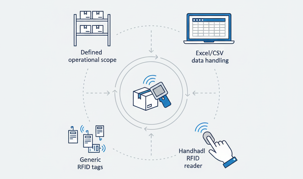 RFIDスモールスタートに必要な最小構成（対象範囲・タグ・ハンディリーダー・Excel運用）のイメージ