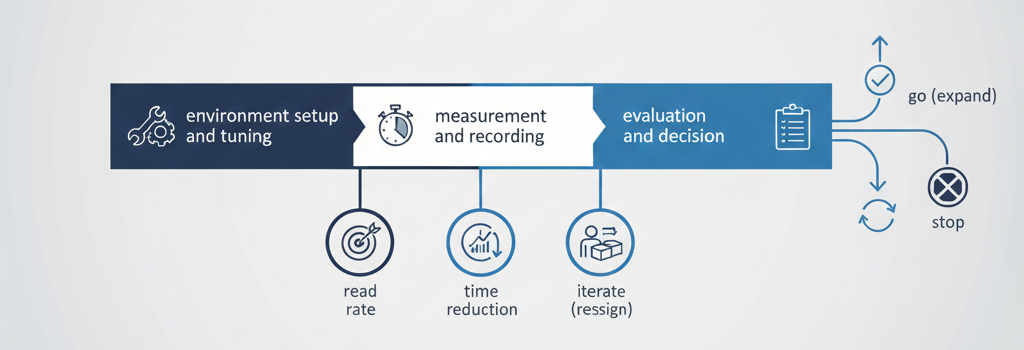 RFIDスモールスタートPoCの進め方（環境調整→実測→評価）と判断の流れを示すイメージ