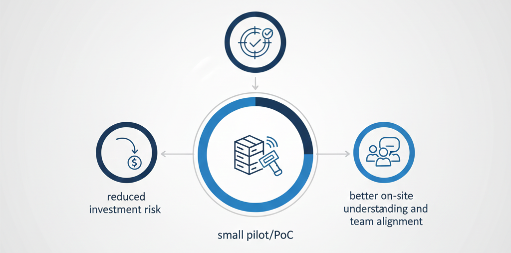 RFIDをスモールスタートで導入することで投資リスクを抑え、PoC精度と現場理解を高められるイメージ