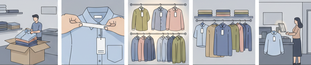 アパレルで紙タグ（値札）を貼付して入荷・検品・棚卸・販売まで運用する流れのイメージ