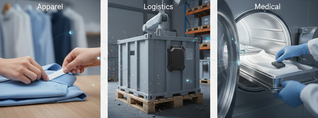 業種ごとに異なるRFIDタグ選定の支配要因（単価・耐久・回収・衛生・見た目）を整理した図