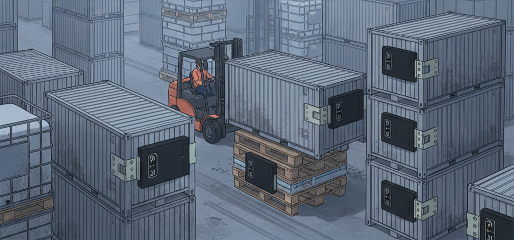 物流容器や台車にハードタグを取り付け、繰り返し回収して運用するイメージ