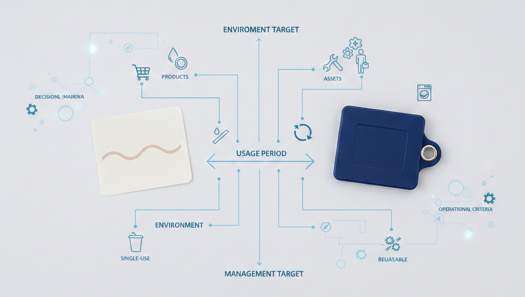 RFIDタグ選定（紙タグ／ハードタグ）を判断軸で整理するイメージ