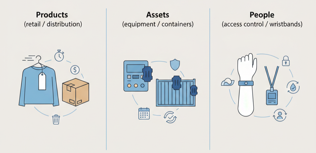管理対象（商品・資産・人）ごとに異なるRFIDタグ選定の考え方を示した図
