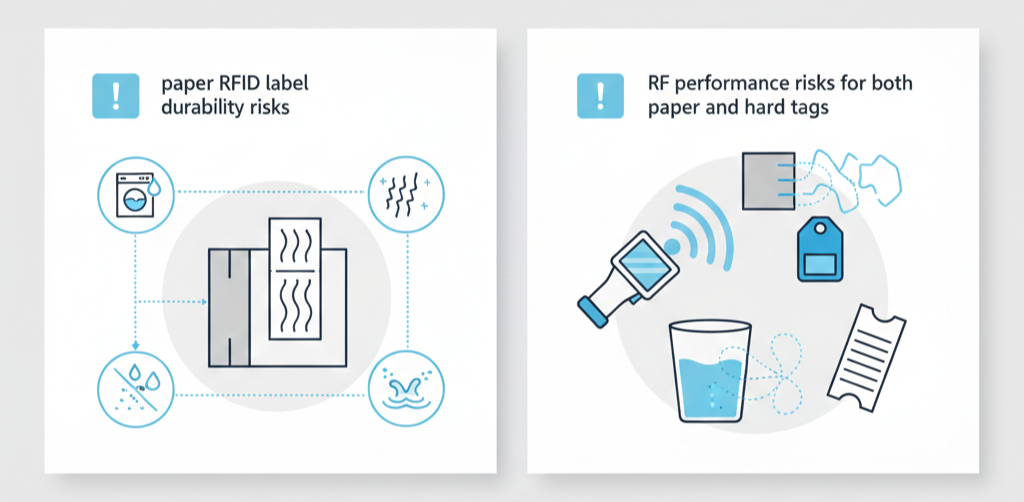 RFIDタグ選定で考慮すべき環境要因（洗濯・摩耗・水濡れ・金属・水による電波影響）のイメージ