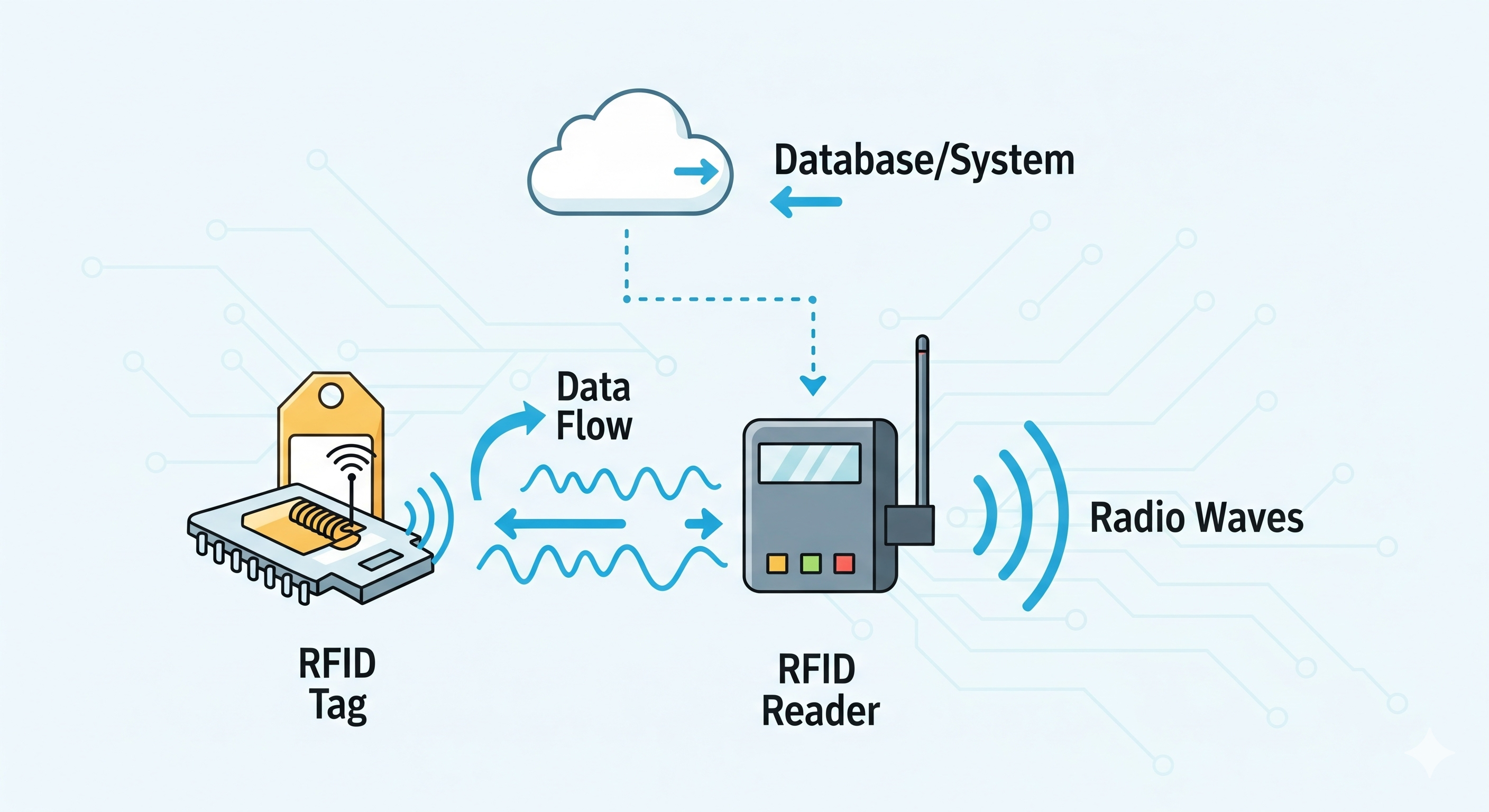 RFIDの仕組み(タグ・リーダー・ミドルウェアの通信イメージ)
