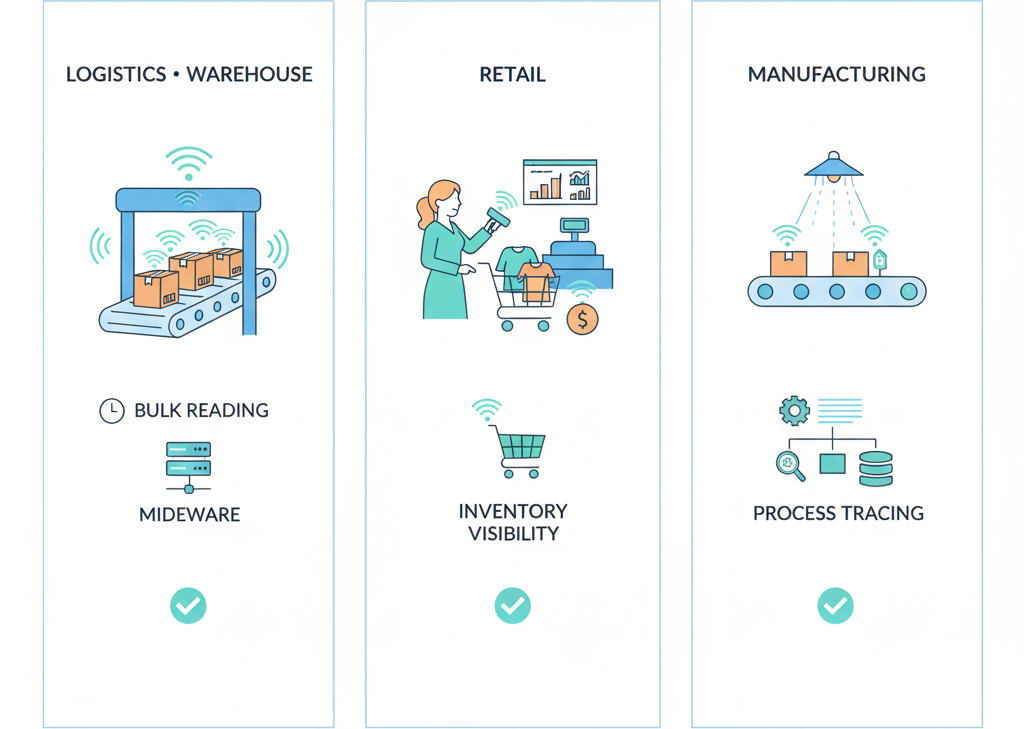 RFIDの活用シーン:物流(入出荷・棚卸)、小売(在庫可視化・レジ省力化)、製造(工程トレース)の図解
