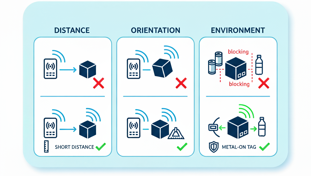 RFID読み取りを安定させる3つの条件(距離・姿勢・環境)を示す図解