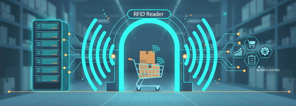 RFIDリーダーが複数の商品を同時に読み取り、ミドルウェアと業務システムにデータを送る様子