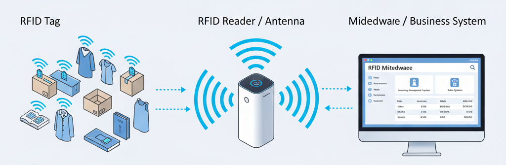 RFIDを構成するタグ・リーダー・ミドルウェアの関係図解。3要素が連携してデータをやり取りする仕組み