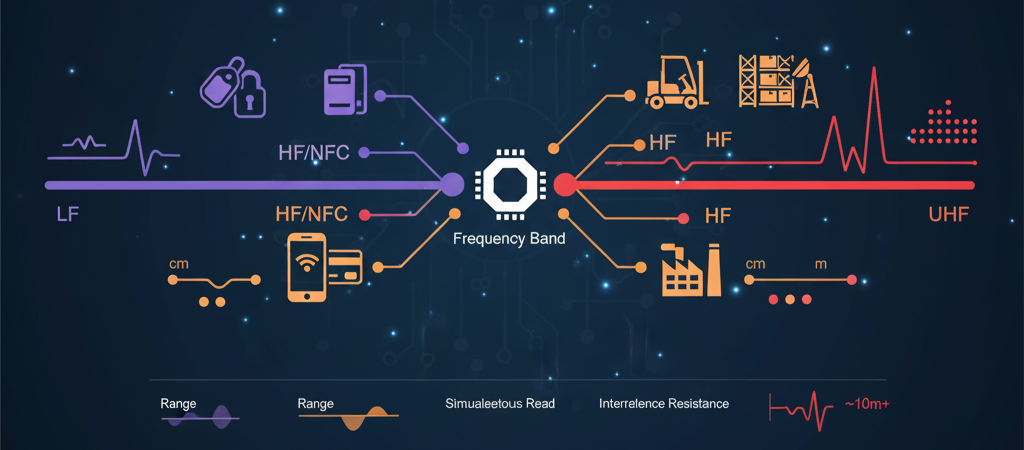 RFIDの周波数帯(LF, HF/NFC, UHF)ごとの距離性能、同時読み取り能力、干渉特性、およびそれぞれの代表的な使用環境(NFC決済、工場、物流など)を比較する図