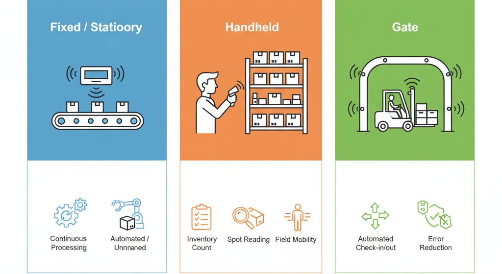 RFIDリーダーの種類(据置型/固定型、ハンディ型、ゲート型)と主な用途(仕分けライン、棚卸、入出荷検知など)の比較図