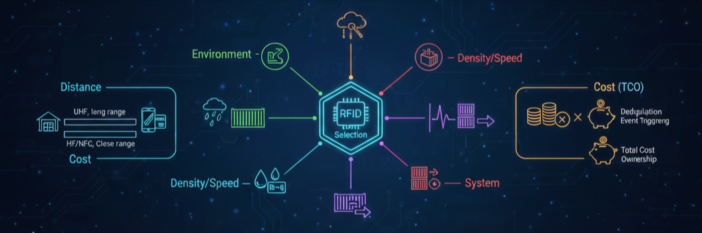 RFIDシステム選定の主要ポイント(読取距離、環境、密度・速度、コスト、システム要件)をまとめた図解