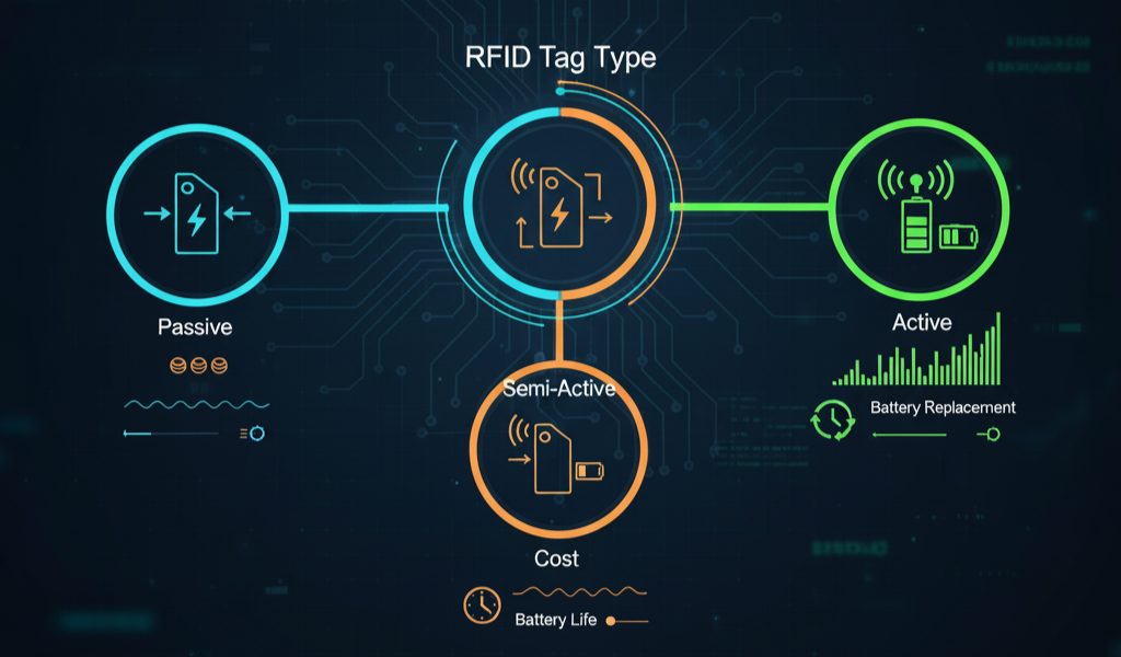 RFIDタグの分類図:パッシブ、セミアクティブ、アクティブの動作原理、コスト、バッテリー寿命の違い