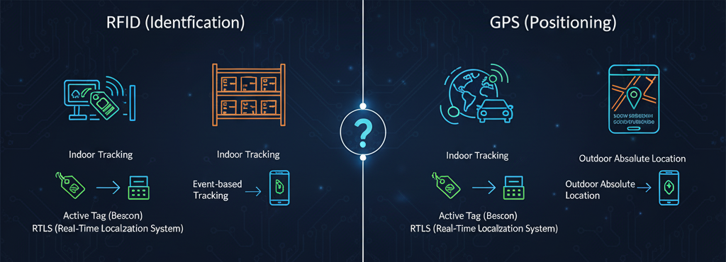 RFID(識別)とGPS(測位)の違いを比較した図